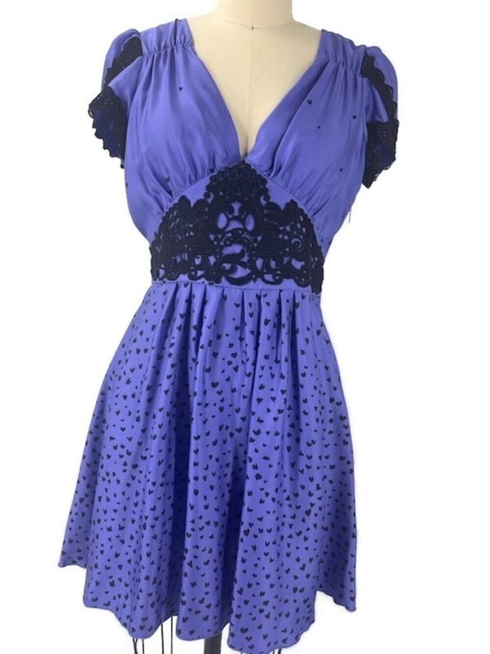 Bebe Y2K Silk Mini Dress Womens M Sapphire Purple Hearts V Neck Lace